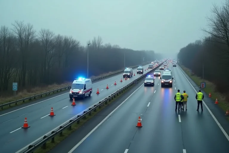 Scène d'accident grave sur l'autoroute A31 avec véhicules de gendarmerie, cônes de sécurité orange et embouteillage important sur plusieurs files