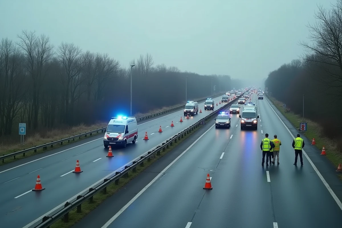 Scène d'accident grave sur l'autoroute A31 avec véhicules de gendarmerie, cônes de sécurité orange et embouteillage important sur plusieurs files
