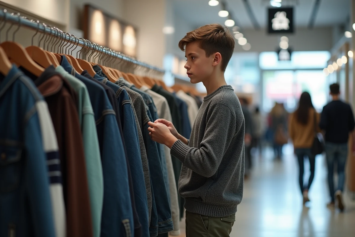 Adolescent explorant des vêtements dans une boutique de mode en centre commercial, illustrant les influences commerciales et tendances sur les choix vestimentaires des jeunes