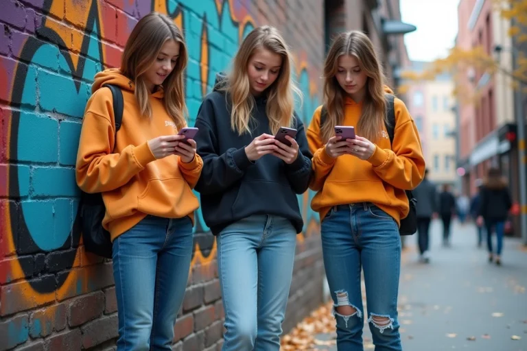 Groupe de trois adolescents en tenue streetwear devant une fresque urbaine colorée, illustrant l'influence de la mode sur les jeunes en milieu urbain