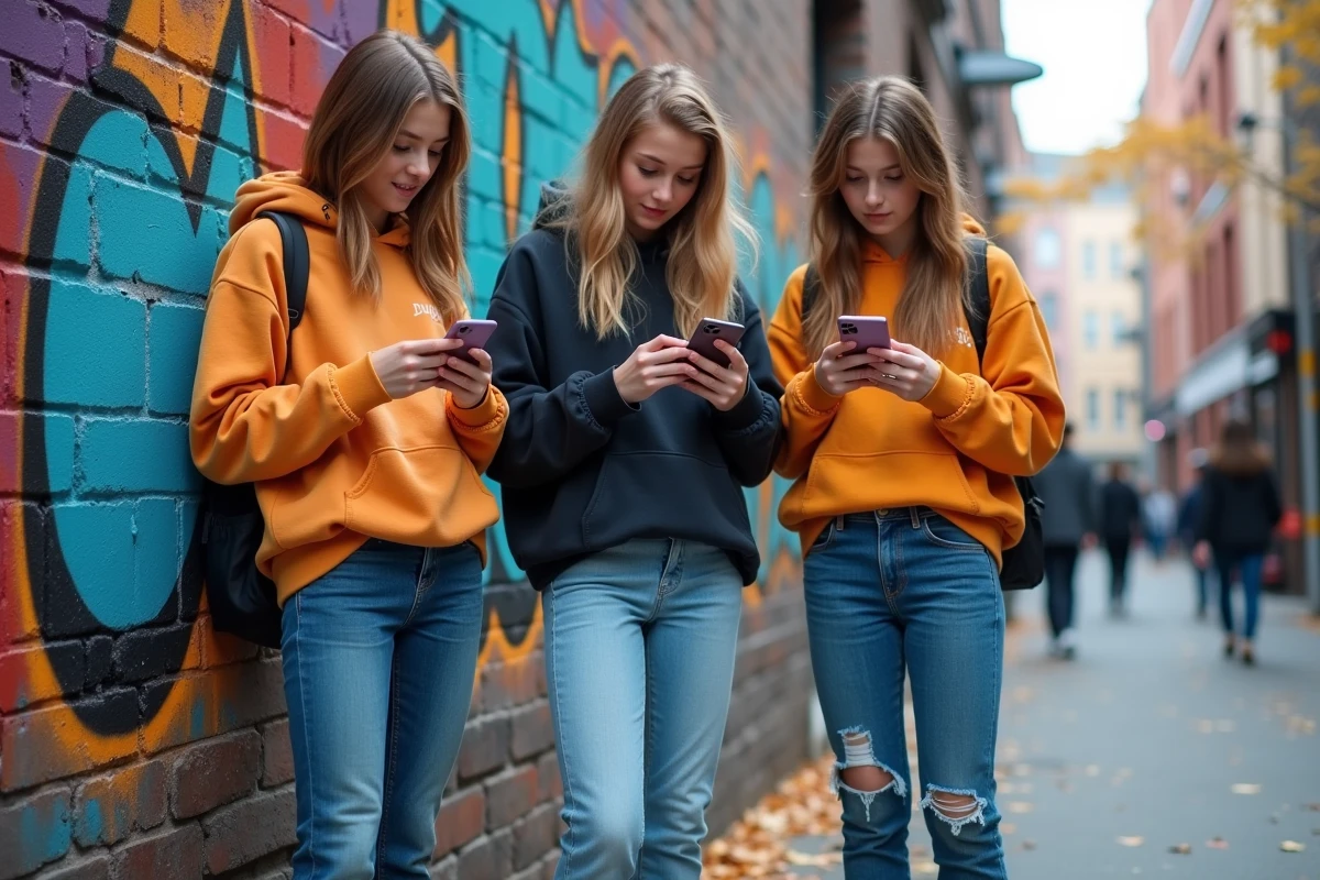 Groupe de trois adolescents en tenue streetwear devant une fresque urbaine colorée, illustrant l'influence de la mode sur les jeunes en milieu urbain