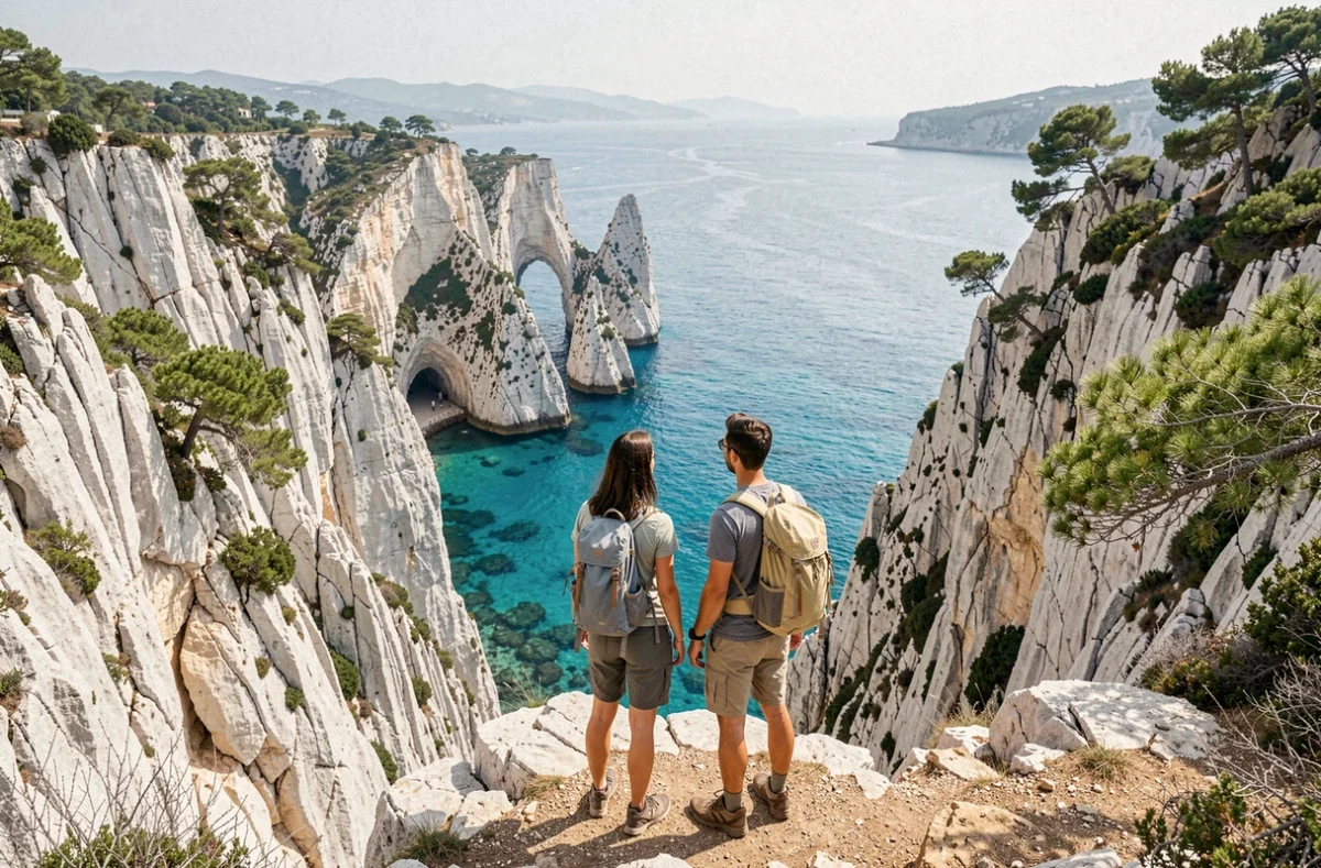 Couple de randonneurs au bord des falaises des Calanques de Marseille avec vue sur les eaux turquoise et les formations calcaires