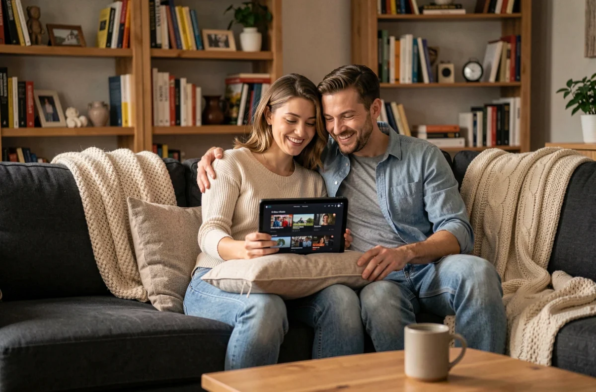 Couple regardant Canal Plus sur une tablette sans décodeur confortablement installé dans leur salon