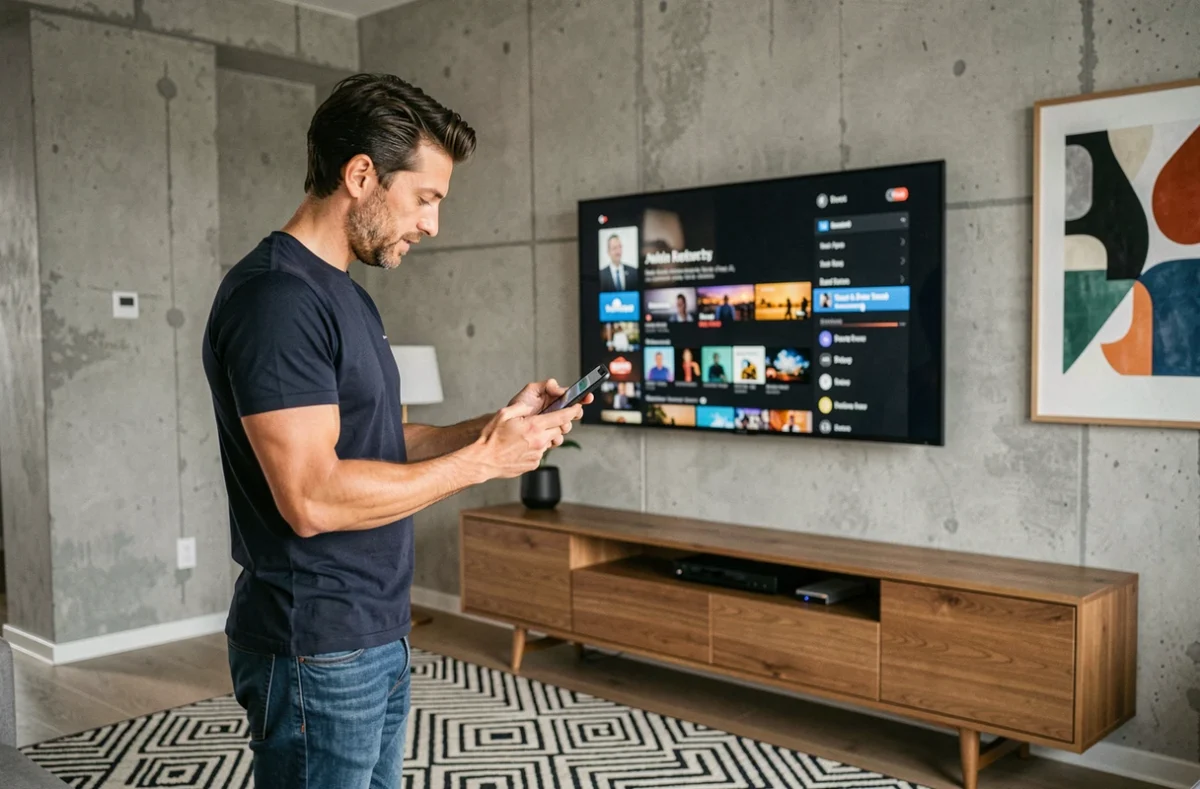 Homme naviguant sur une application de streaming Canal Plus sur smart TV sans décodeur dans un appartement moderne