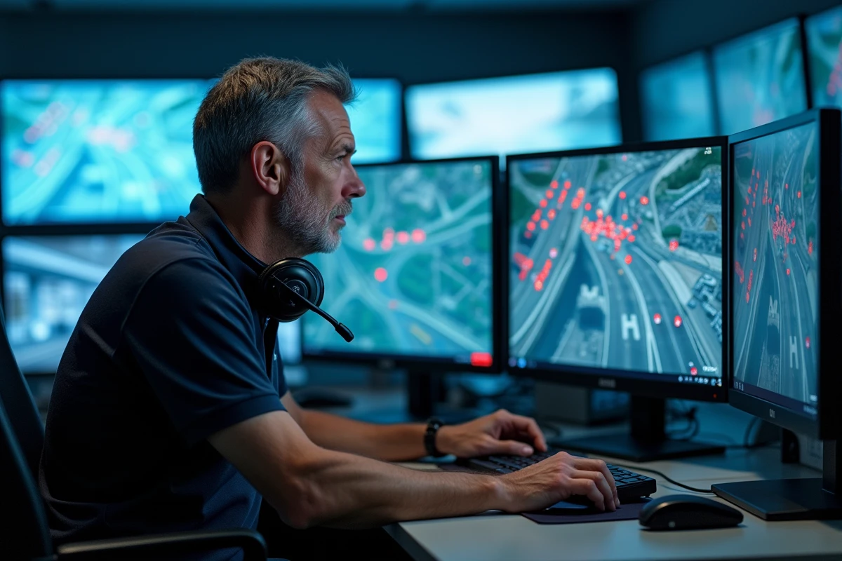 Opérateur de centre de contrôle autoroutier surveillant le trafic en temps réel sur l'autoroute A31 suite à un accident grave