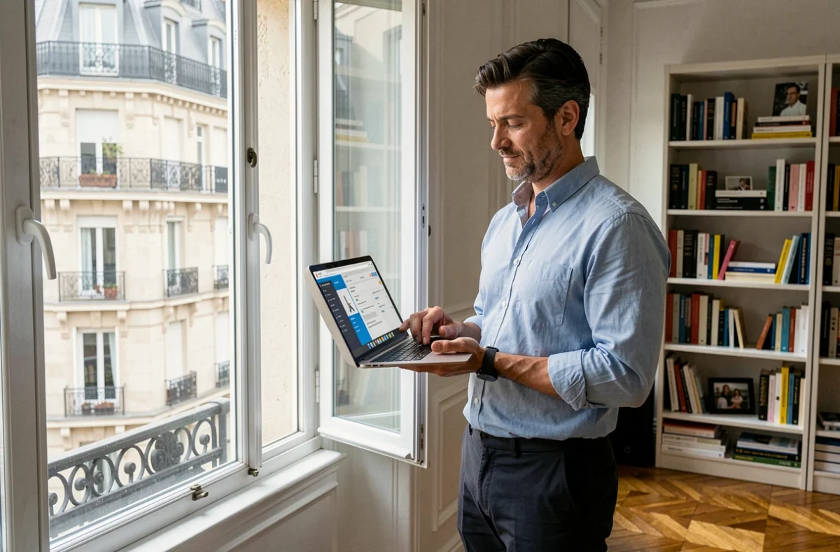 Homme parisien en pleine reconversion professionnelle consultant une formation en ligne depuis son appartement haussmannien