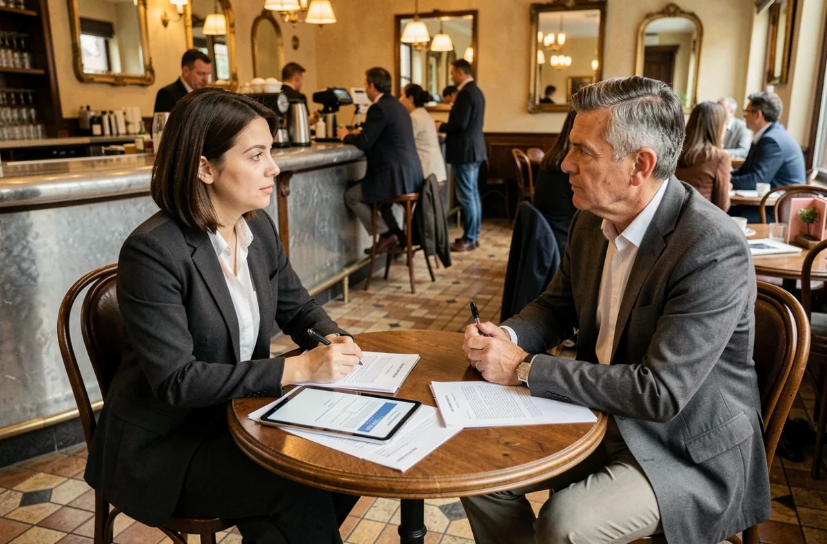 Séance de coaching de carrière entre deux professionnels dans un café parisien typique pour une reconversion sans diplôme