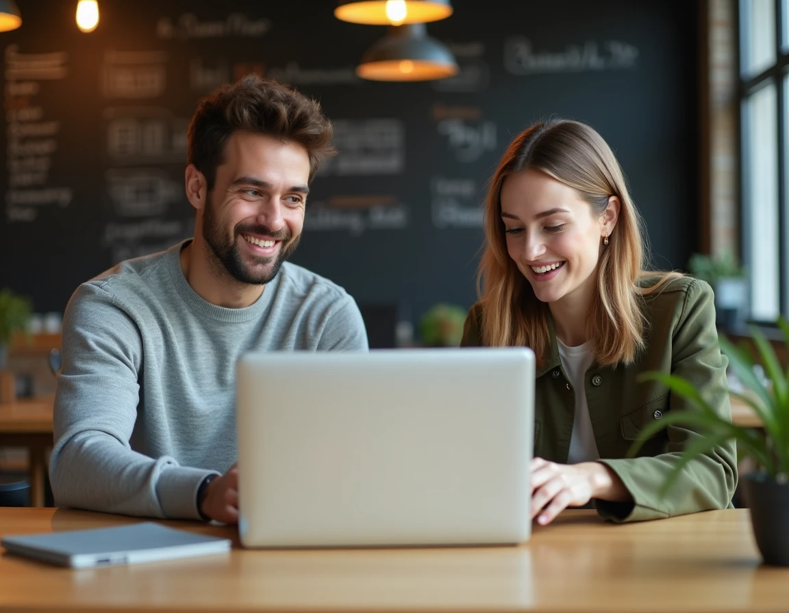 Deux collègues collaborant sur des ressources bureautiques partagées dans un espace de coworking contemporain
