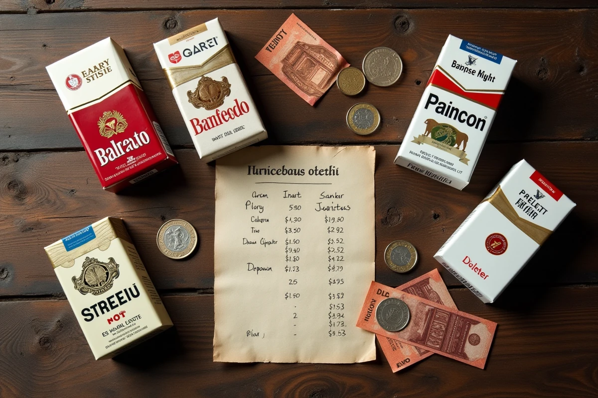 Comparatif de paquets de cigarettes de différentes marques avec des euros sur une table en bois