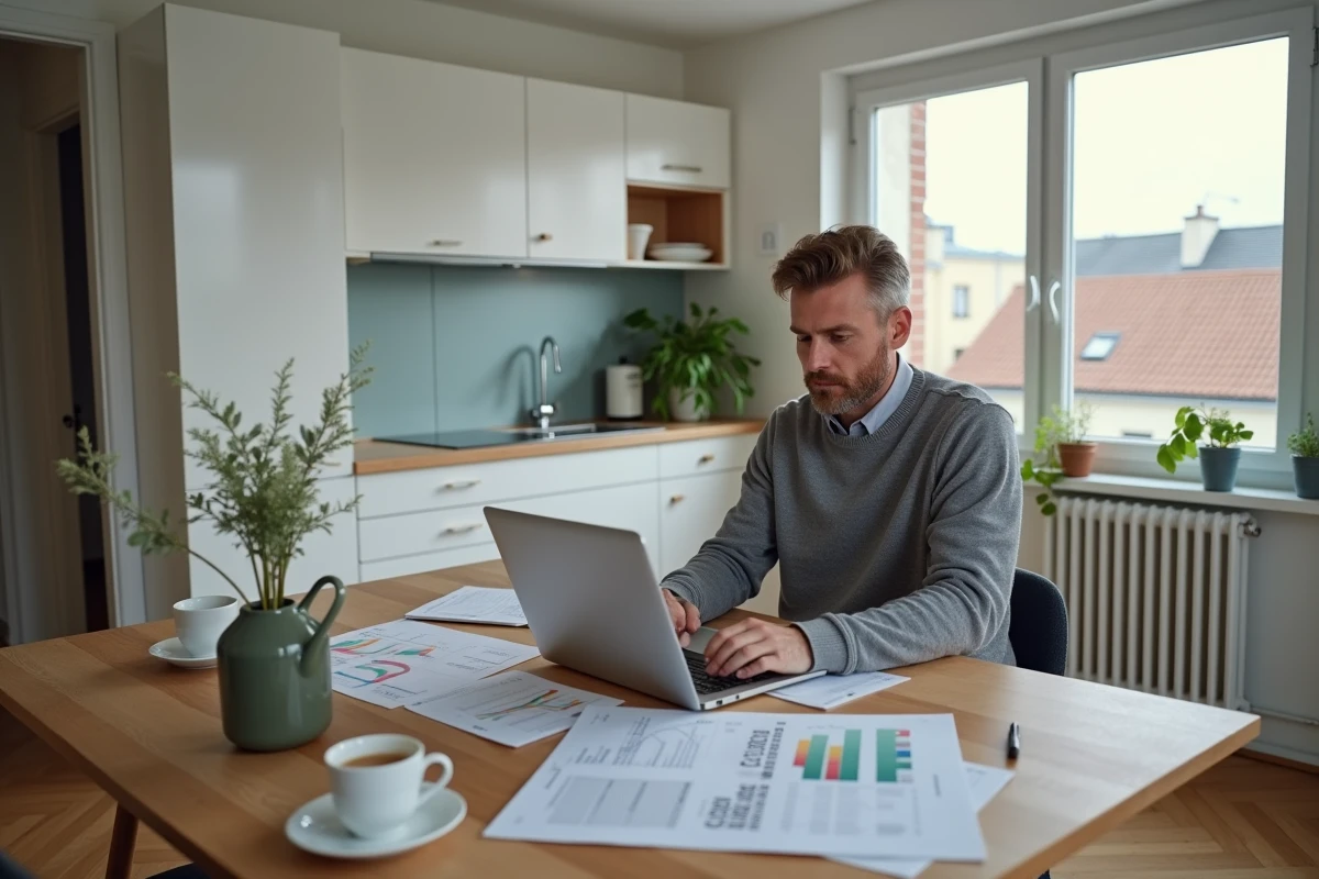Homme consultant des données de prix immobiliers dans un appartement contemporain du plateau de Saclay