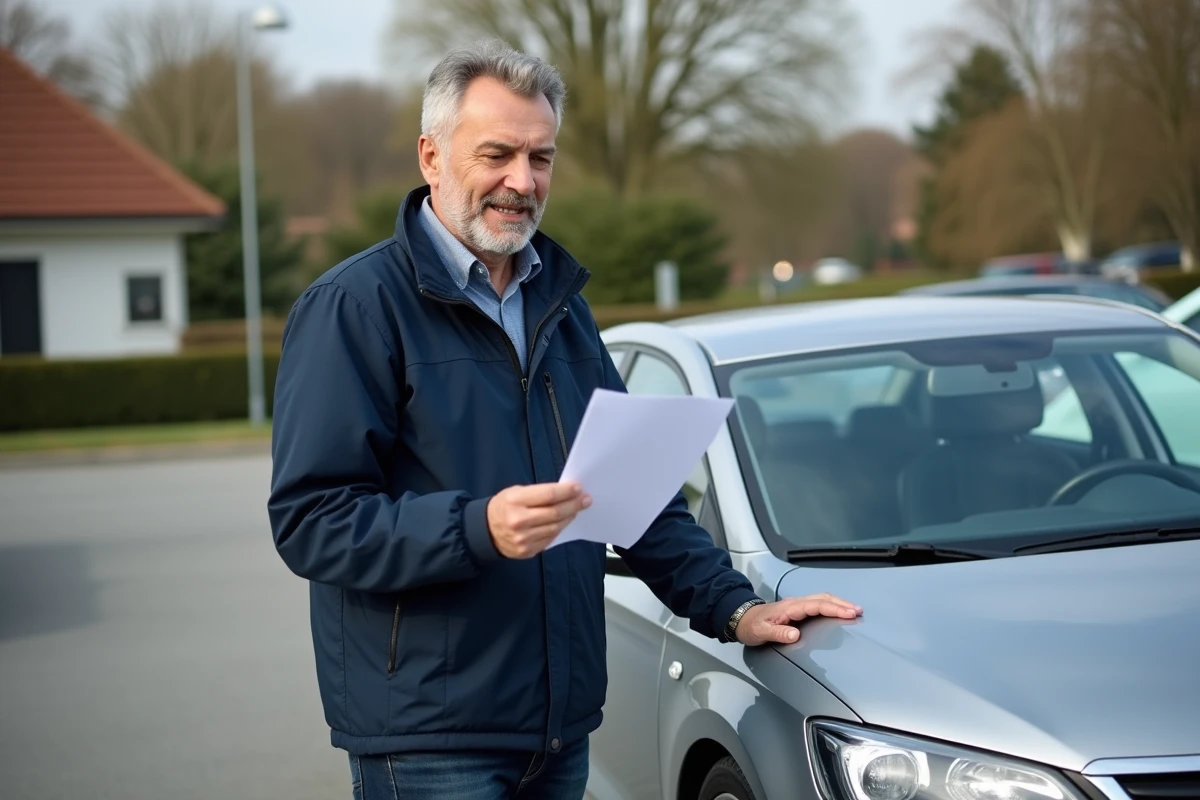 Homme examinant un rapport de contrôle technique de voiture dans un parking extérieur