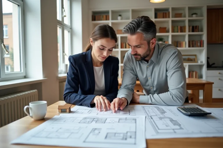 Couple de professionnels étudiant des plans immobiliers et des documents de projet sur une table en bois dans un appartement contemporain