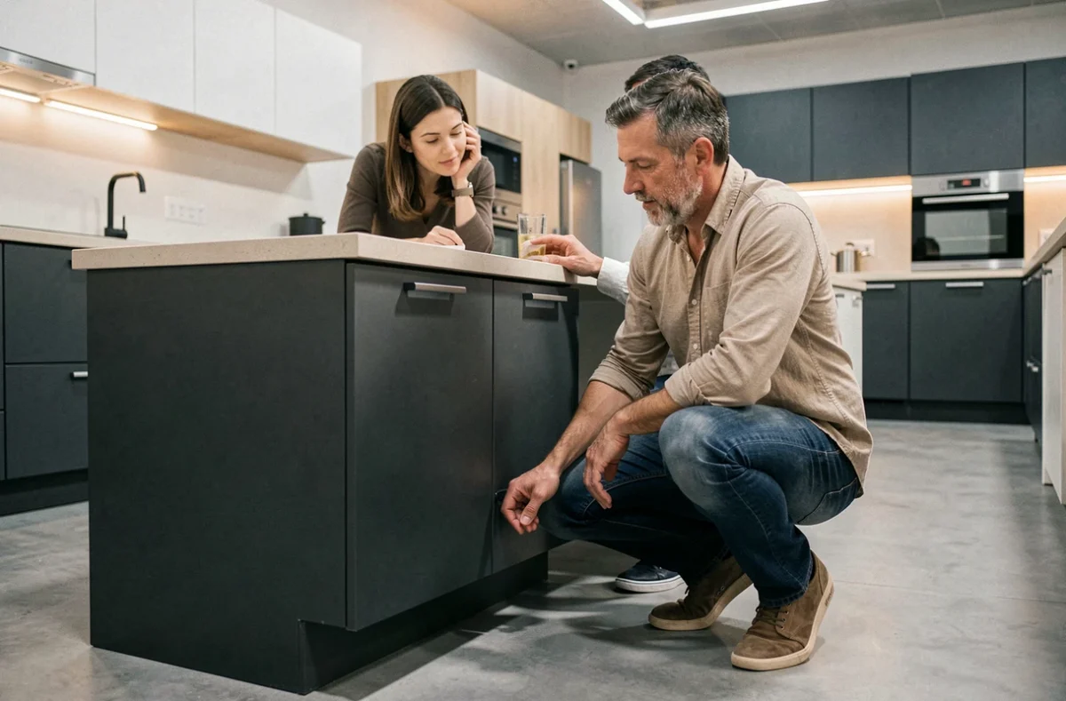 Couple examinant des meubles bas de cuisine Socoo'c dans un showroom, évaluant la qualité de fabrication des façades anthracite