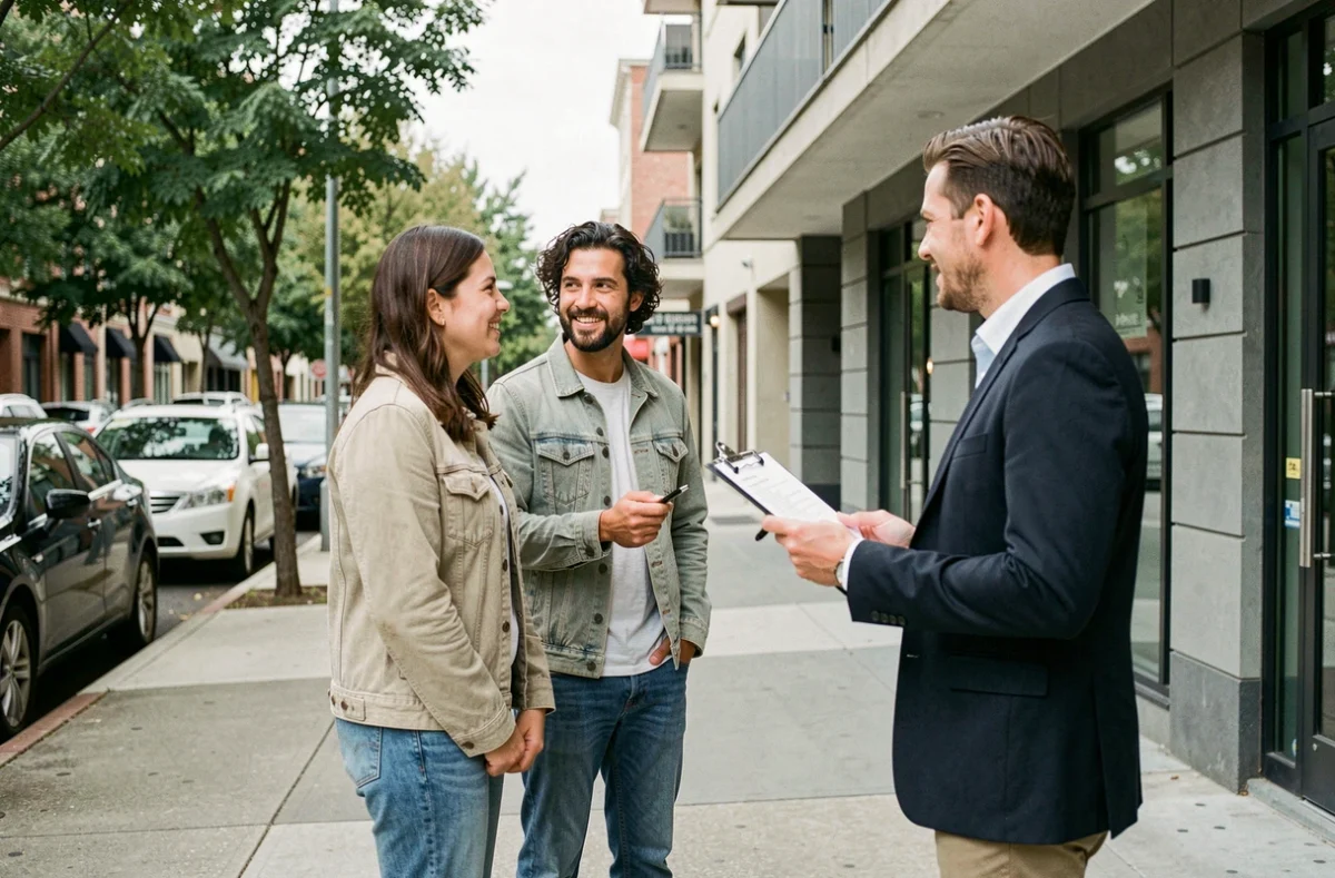 Couple visitant un appartement avec un agent immobilier dans une rue urbaine lors d'une recherche de location