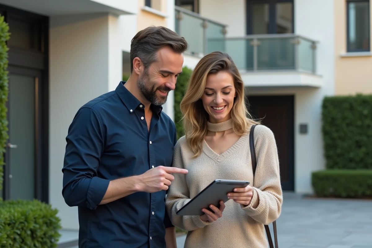 Couple devant un immeuble en train de consulter une annonce immobilière sur tablette