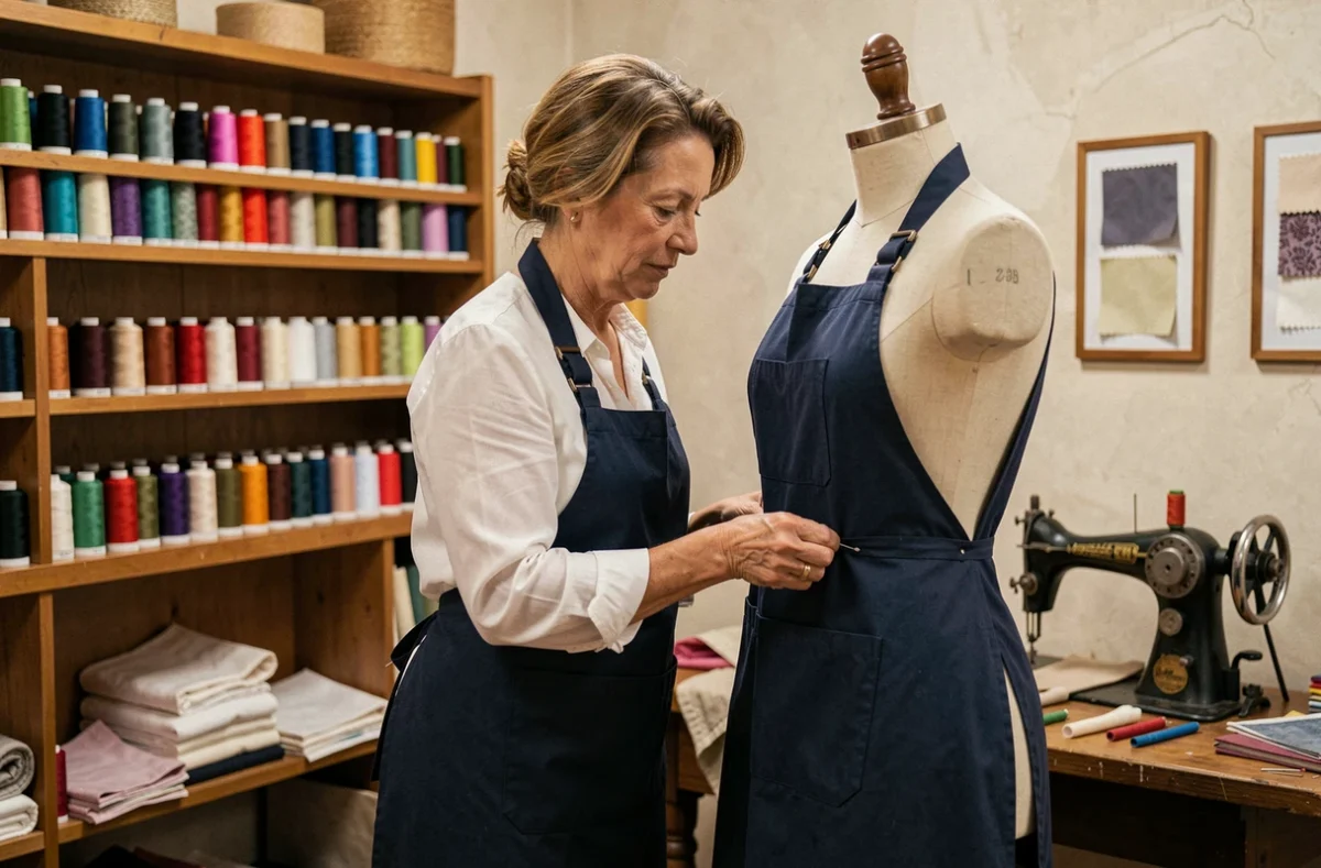 Couturière en tablier bleu marine épinglant l'ourlet d'une robe sur un mannequin dans un atelier de retouche à Toulouse