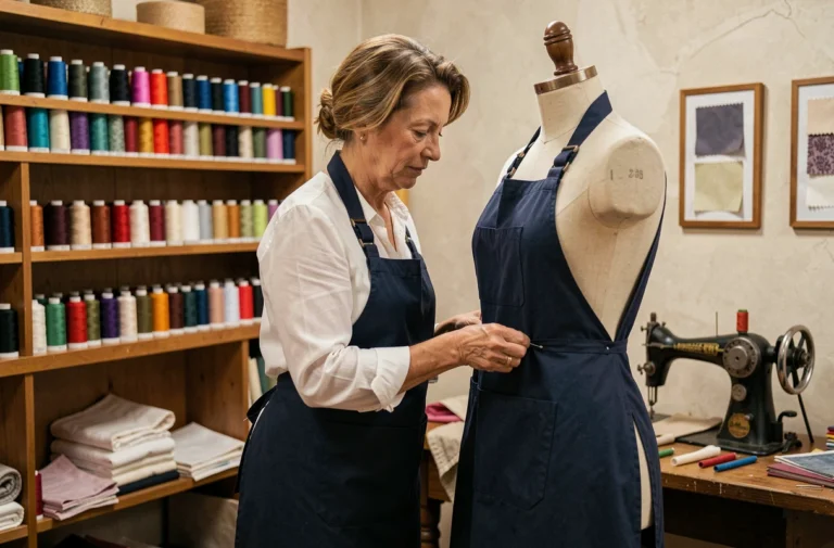 Couturière en tablier bleu marine épinglant l'ourlet d'une robe sur un mannequin dans un atelier de retouche à Toulouse