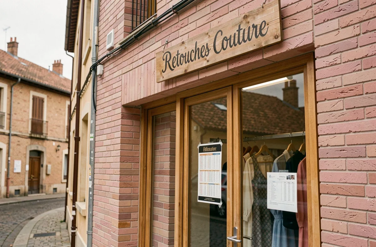 Devanture d'un atelier de couture et retouche à Toulouse avec façade en briques roses et panneau d'horaires sur la vitrine
