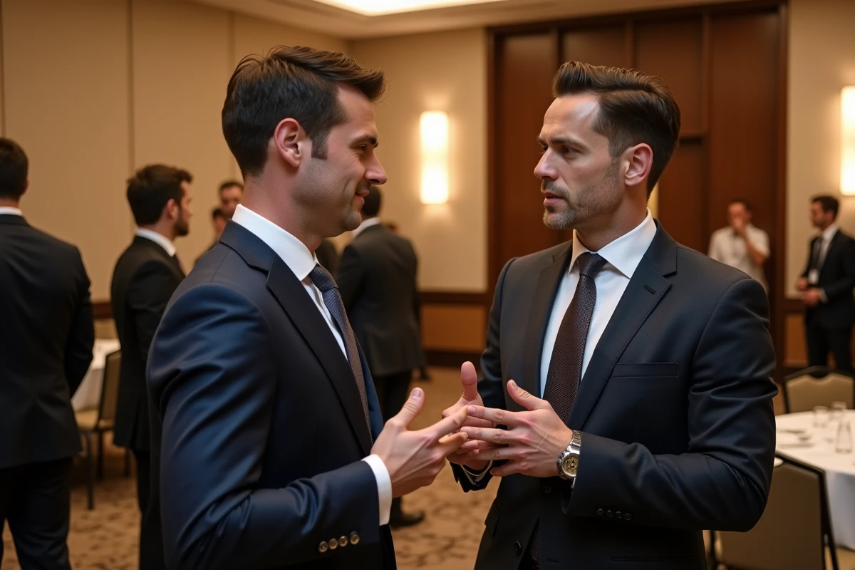 Comparaison entre un homme élégamment habillé et un autre affichant des vêtements de luxe tape-à-l'oeil lors d'un événement networking, illustrant comment distinguer les vrais riches des faux