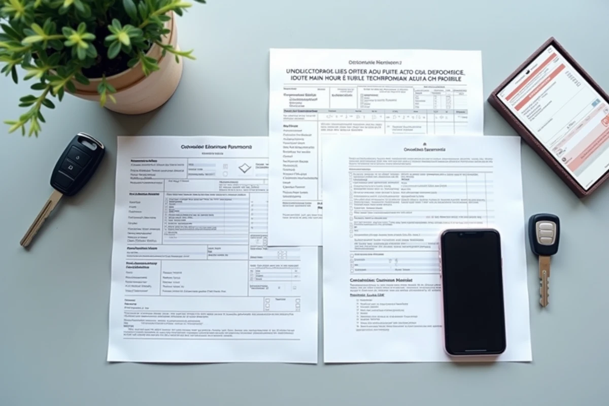 Vue de dessus des documents automobiles essentiels – carte grise, assurance et contrôle technique – posés sur un bureau