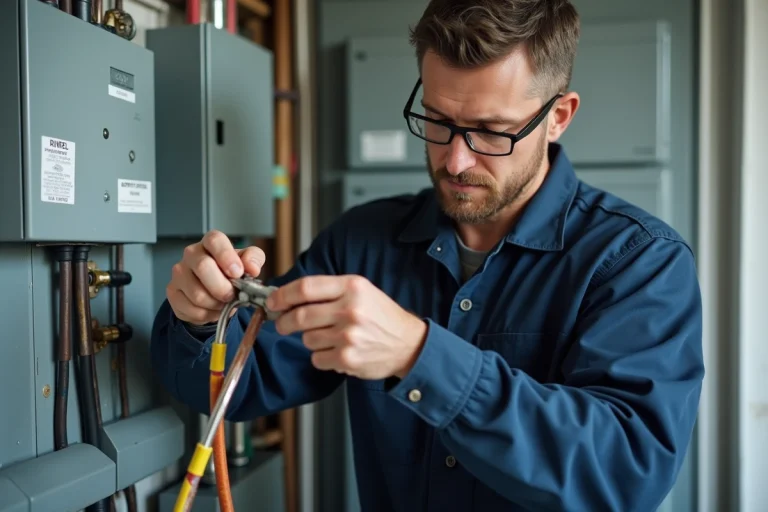 Électricien professionnel dénudant un câble R2V lors d'une installation électrique conforme à la norme NFC 15-100