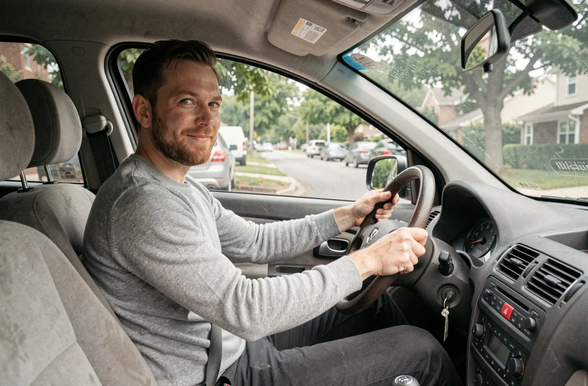 Homme au volant d'une voiture d'occasion lors d'un essai routier en milieu urbain, évaluant l'état du véhicule