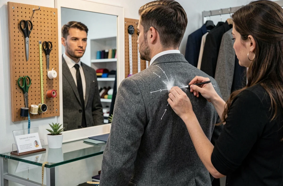 Client en veste de costume grise essayant un vêtement retouché dans un atelier de couture à Toulouse avec une couturière marquant les ajustements