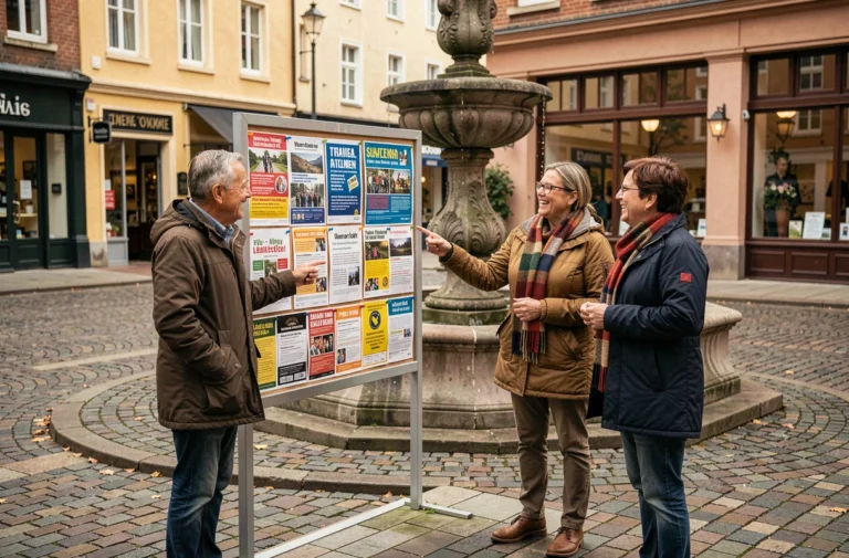 Groupe de résidents découvrant les événements locaux affichés sur un panneau communautaire en centre-ville