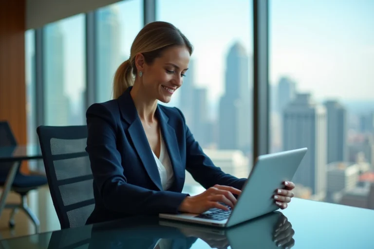 Femme d affaires en costume navy dans un bureau moderne