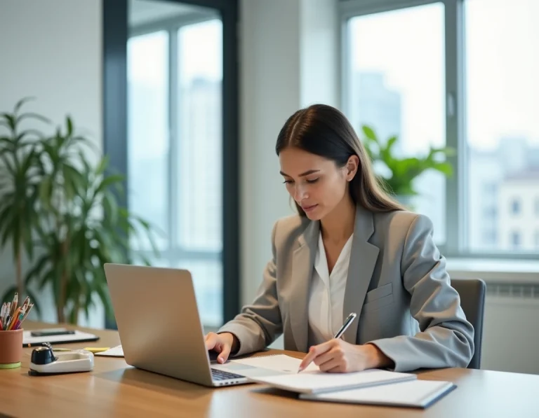 Femme professionnelle utilisant un ordinateur portable et prenant des notes dans un bureau moderne bien organisé