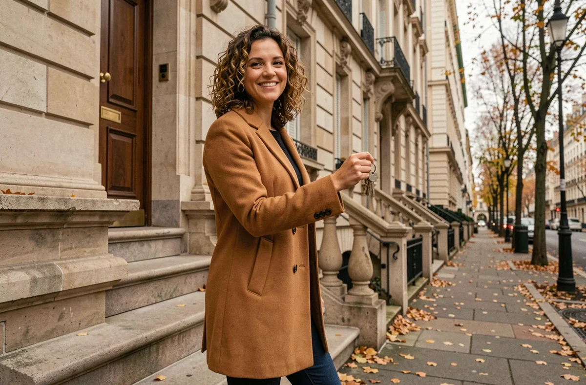 Femme souriante tenant les clés de son nouveau bien immobilier devant un immeuble haussmannien en automne
