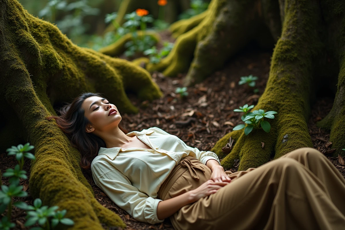 Femme allongée sur de la mousse en forêt les yeux ouverts vers la canopée, évoquant la reconnexion à la nature et les symptômes de l'éveil en 5ème dimension