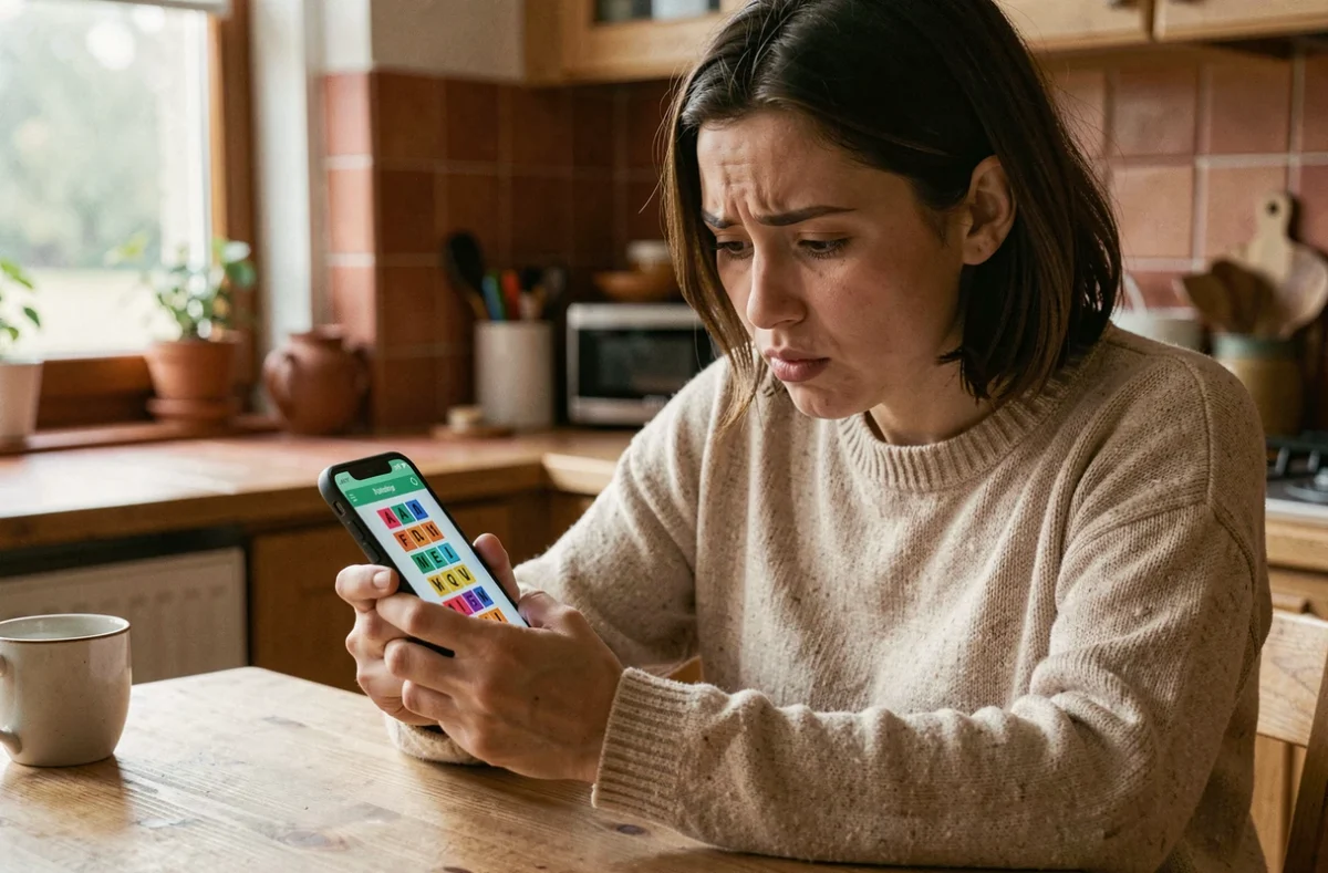 Femme concentrée jouant à 4 images 1 mot sur smartphone avec des tuiles de lettres visibles à l'écran