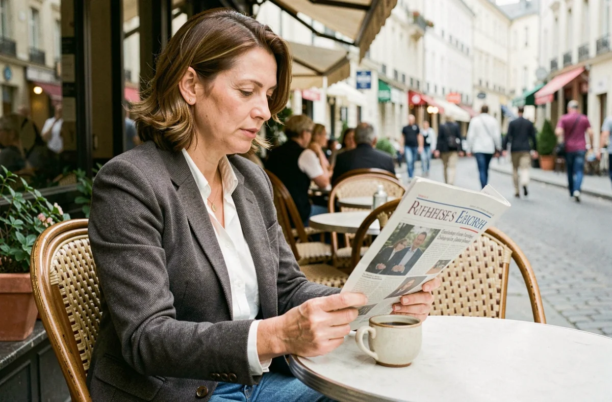 Femme lisant un journal régional en terrasse de café, s'informant sur l'actualité locale