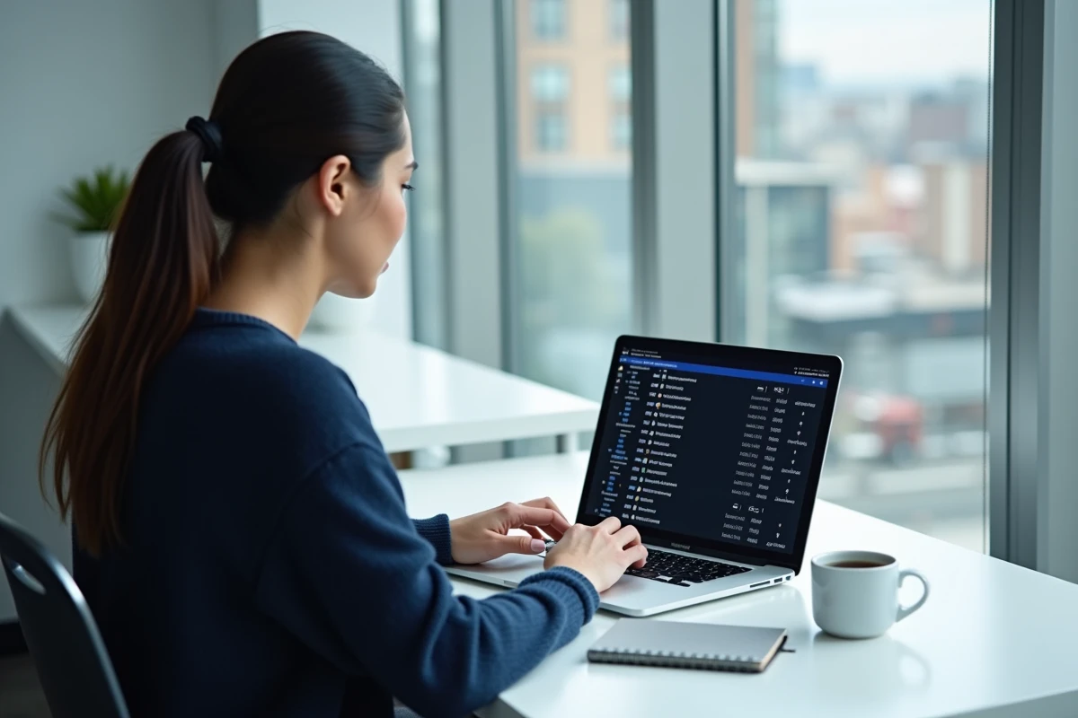 Femme consultant une liste de serveurs eMule sur un ordinateur portable dans un appartement moderne