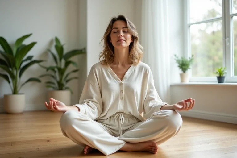 Femme en méditation profonde sur un parquet en bois dans une pièce minimaliste lumineuse, illustrant l'éveil spirituel et la connexion à la 5ème dimension