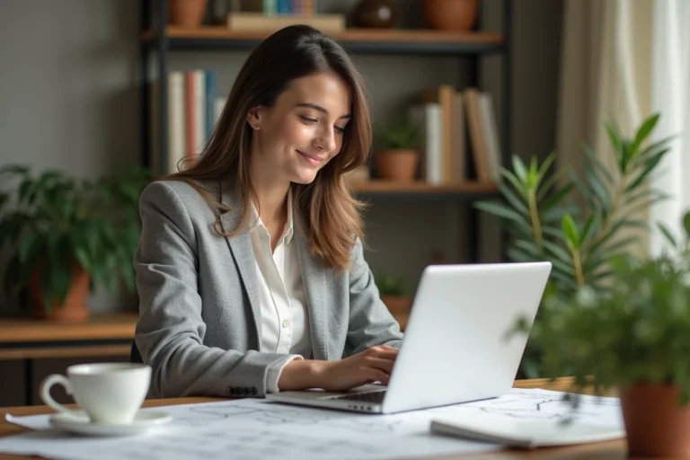 Femme consultant une plateforme immobilière sur son ordinateur portable dans un bureau à domicile