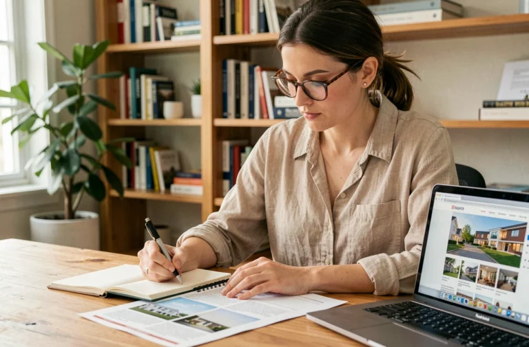 Femme consultant des annonces immobilières sur ordinateur et papier pour préparer sa recherche de location