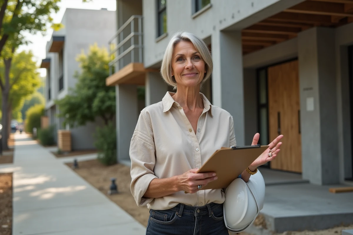 Femme professionnelle devant un chantier de construction résidentielle tenant un clipboard lors d'une visite de projet immobilier