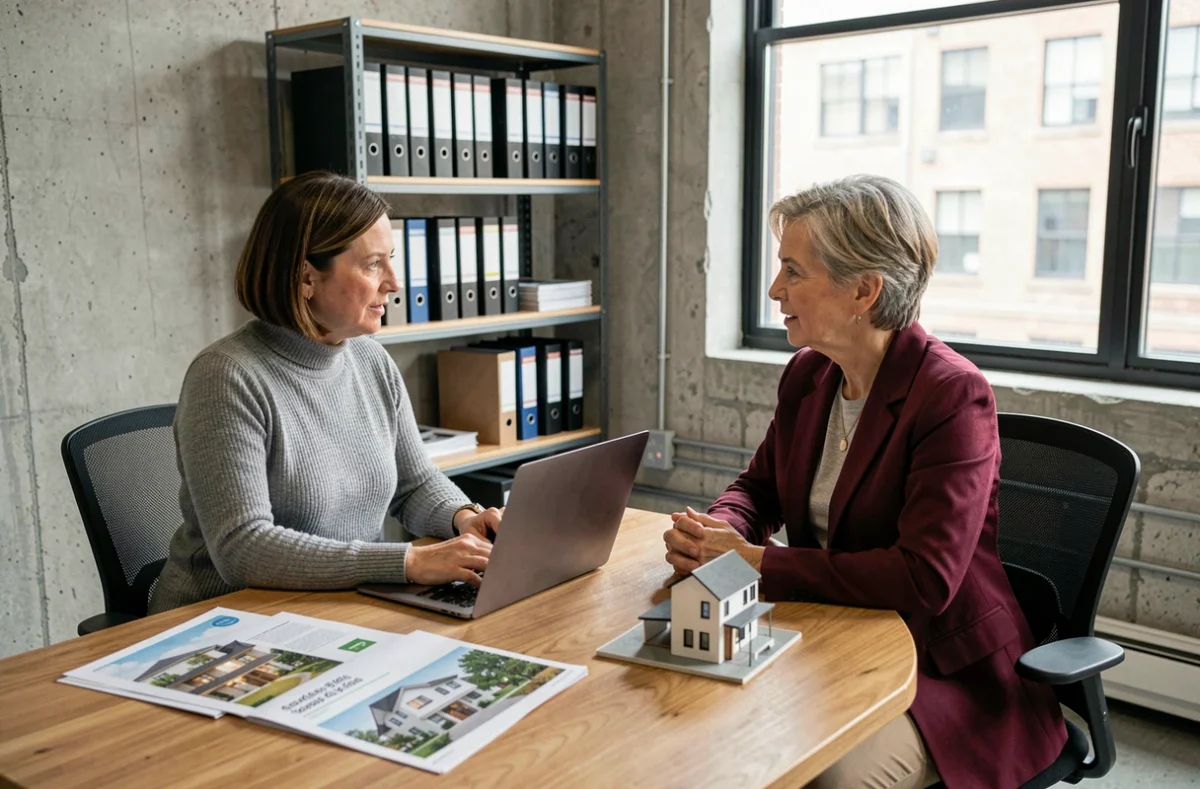 Deux femmes discutant d'un investissement immobilier autour d'un bureau avec brochures et maquette architecturale