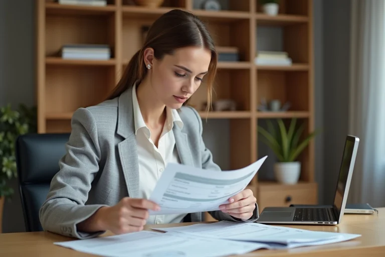Femme consultant ses documents automobiles – assurance et carte grise – dans un bureau à domicile organisé