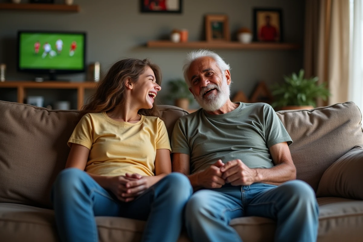 Grandfather et petite fille regardant un match de football à la maison