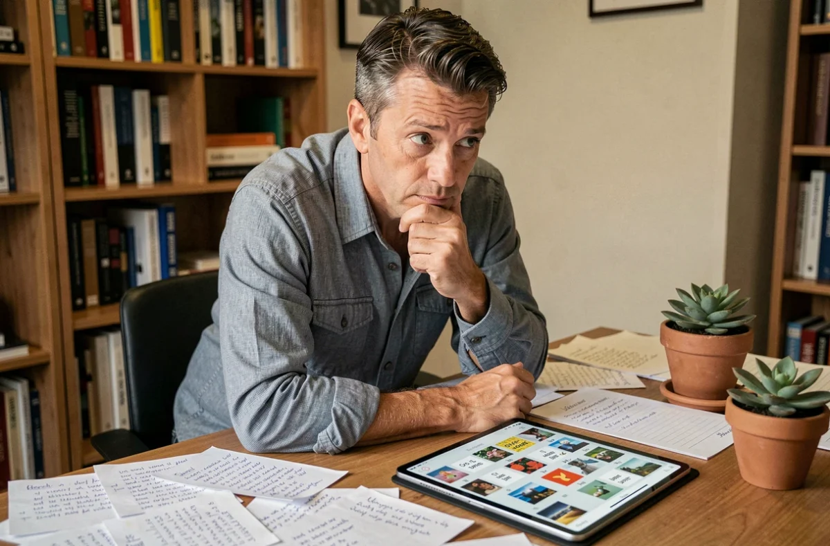 Homme en train de réfléchir à une énigme de 9 lettres sur une tablette entourée de notes manuscrites dans un bureau à domicile