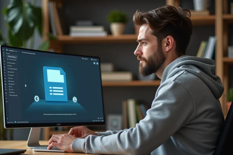 Homme utilisant un logiciel de partage de fichiers eMule sur un ordinateur de bureau dans un bureau à domicile