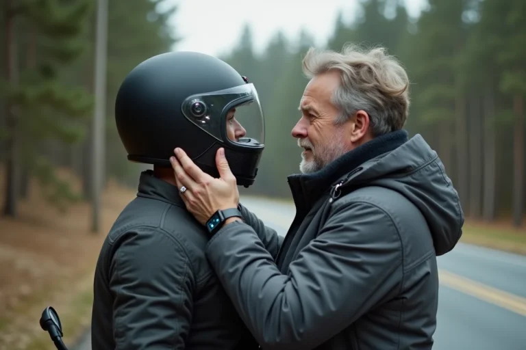 Homme d'âge moyen ajustant un intercom sur son casque moto noir