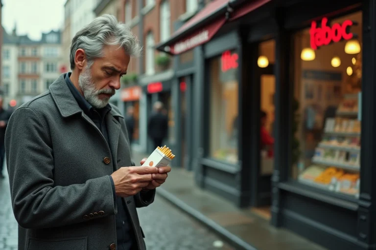 Homme belge examinant un paquet de cigarettes devant un bureau de tabac à Bruxelles en 2026