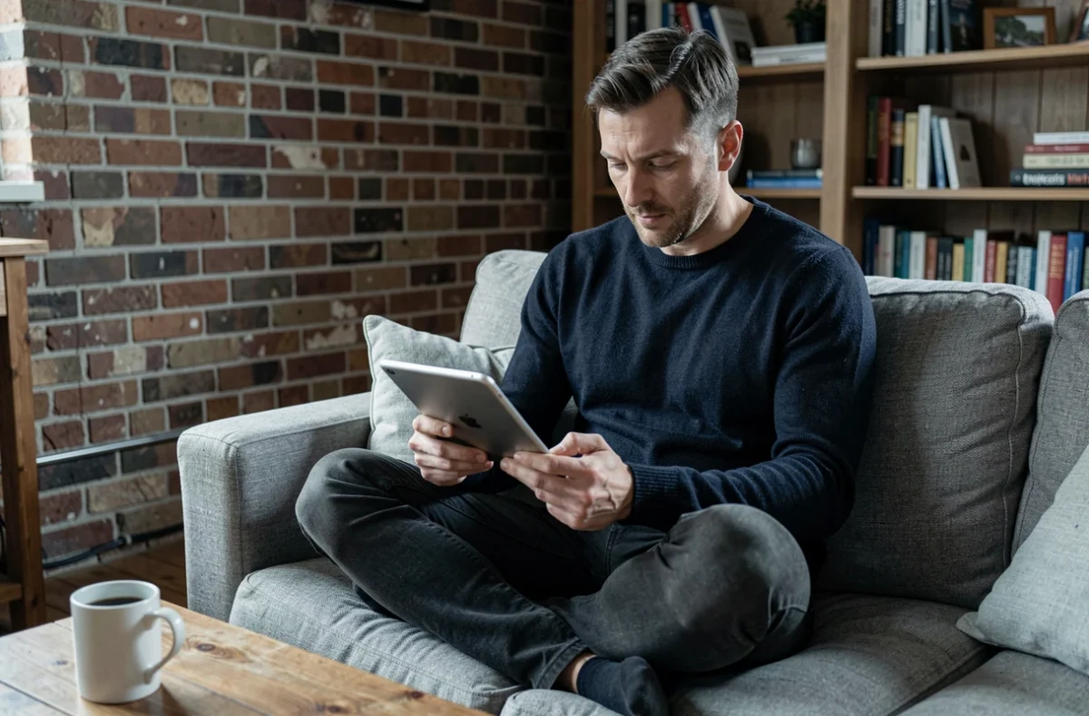 Homme recherchant des annonces de location sur une tablette depuis son canapé dans un appartement cosy