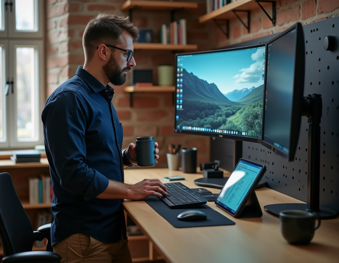 Homme debout à son bureau ergonomique utilisant des outils bureautiques numériques dans un home office moderne