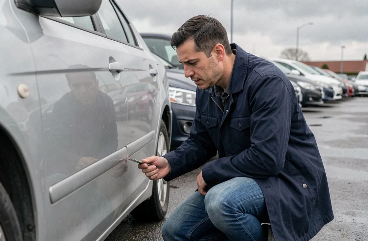 Homme inspectant une voiture d'occasion dans un parking de concessionnaire, examinant la carrosserie d'une berline argent avec attention