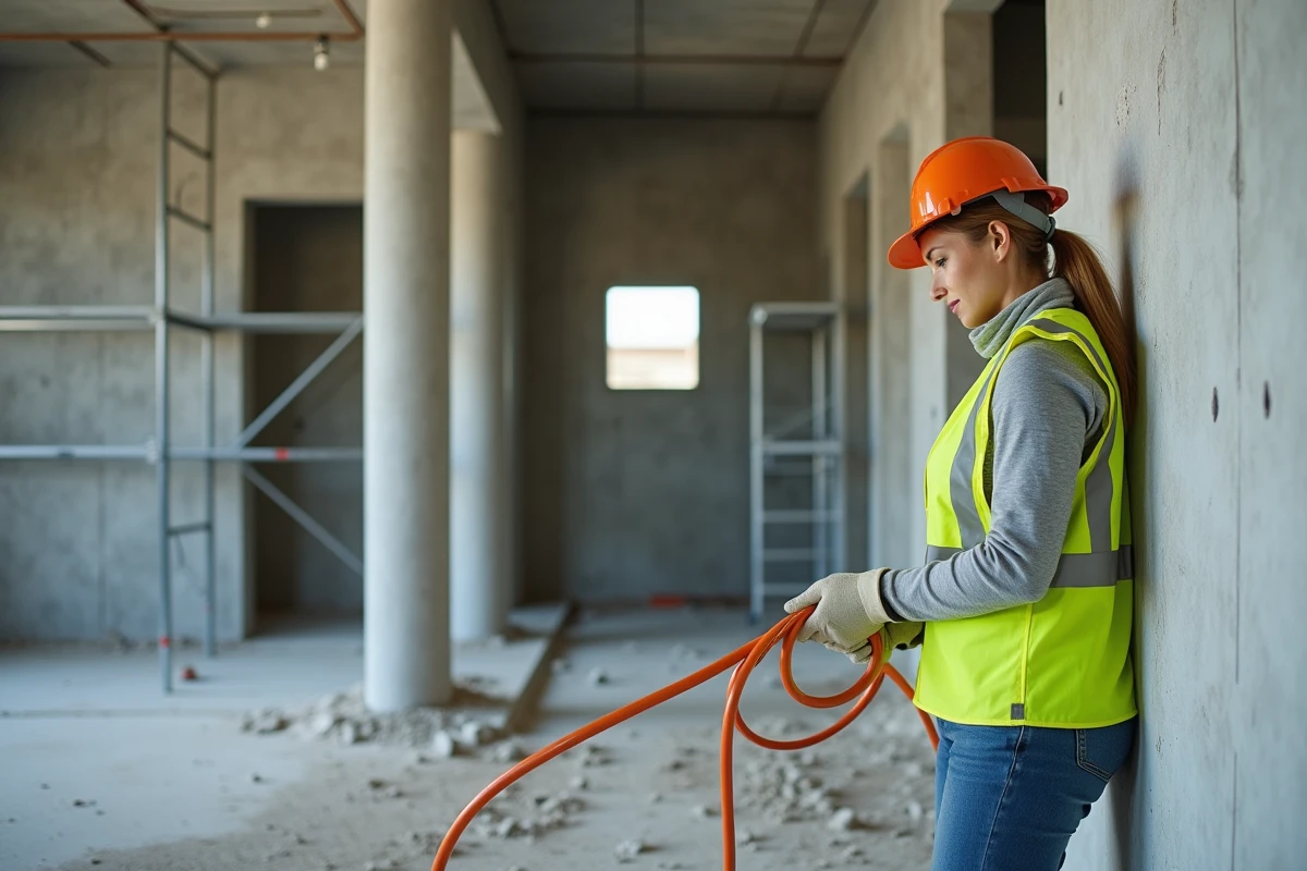 Électricienne installant un câble R2V dans un conduit PVC sur un chantier de construction, selon les exigences de la norme NFC 15-100